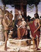 Bartolomeo Montagna Madonna and Child under a Pergola with St John the Baptist and St Onofrius oil on canvas